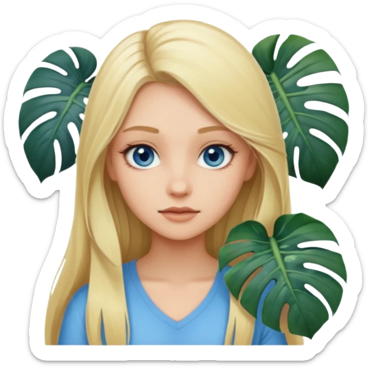 Blonde Young baddie with Long blonde Hair, blue-grey eyes and her big monstera sticker