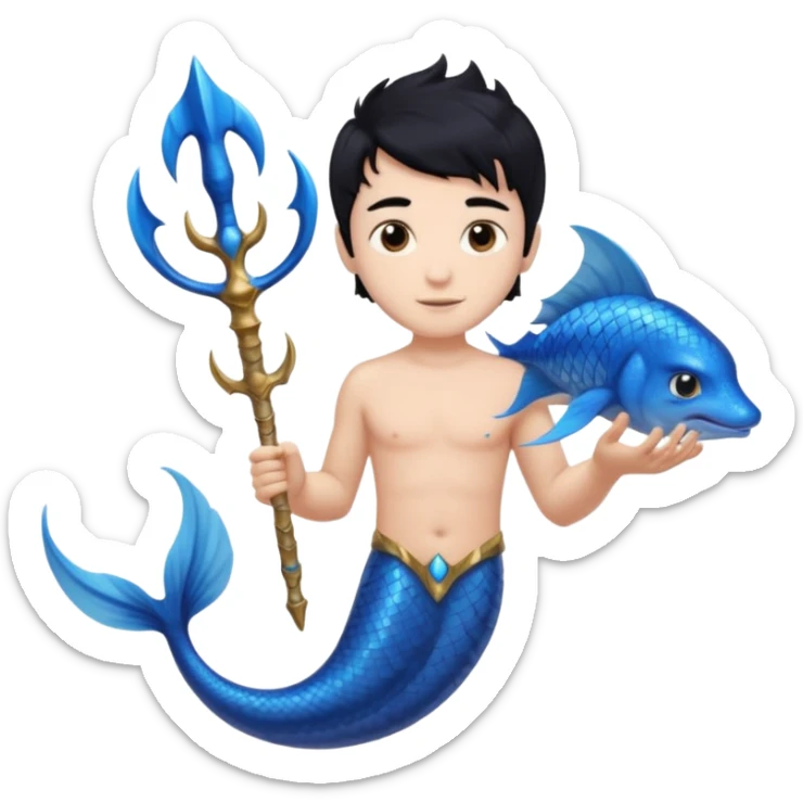 boy, black hair, brown eyes, white skin, Triton, with Triton in hand, blue Triton tail and blue triton ears sticker