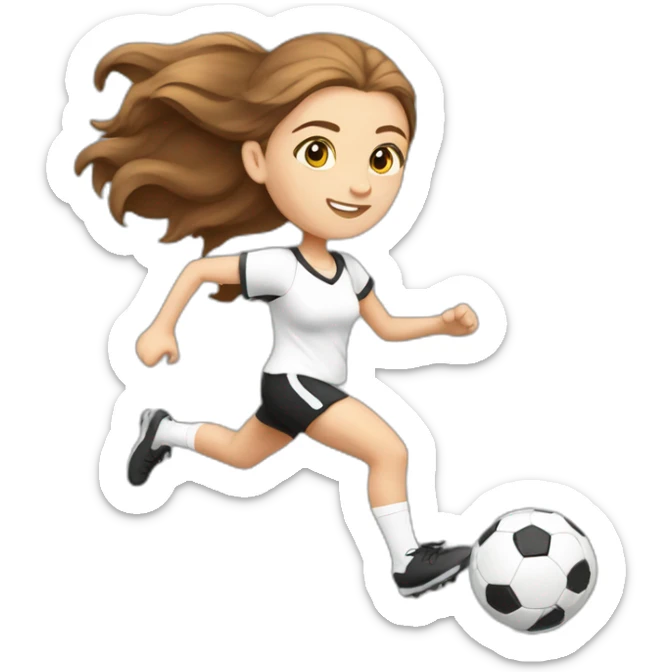Caucasian girl with brown long hair running with a soccer ball wearing White short and black shorts sticker