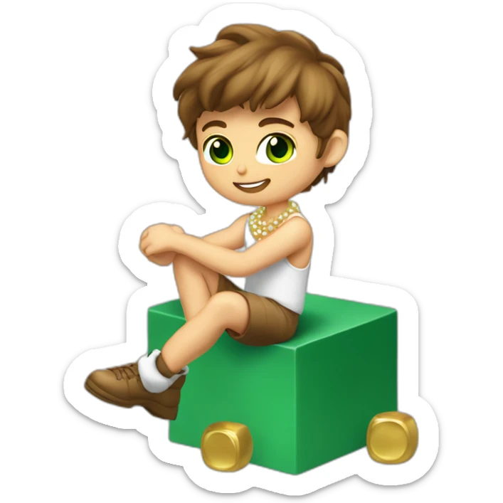 Posh-muscle-boy-brown-hair-green-eyes-pearl-necklace-sitting-on-golden-cube sticker