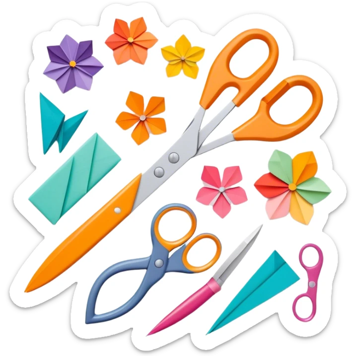 Paper crafting icon, various paper crafts like origami, paper flowers, and scrapbooking materials, visible tools such as tradittional scissors, glue stick, and paper sheets, colorful paper patterns, minimalistic style, clean lines, transparent background. sticker