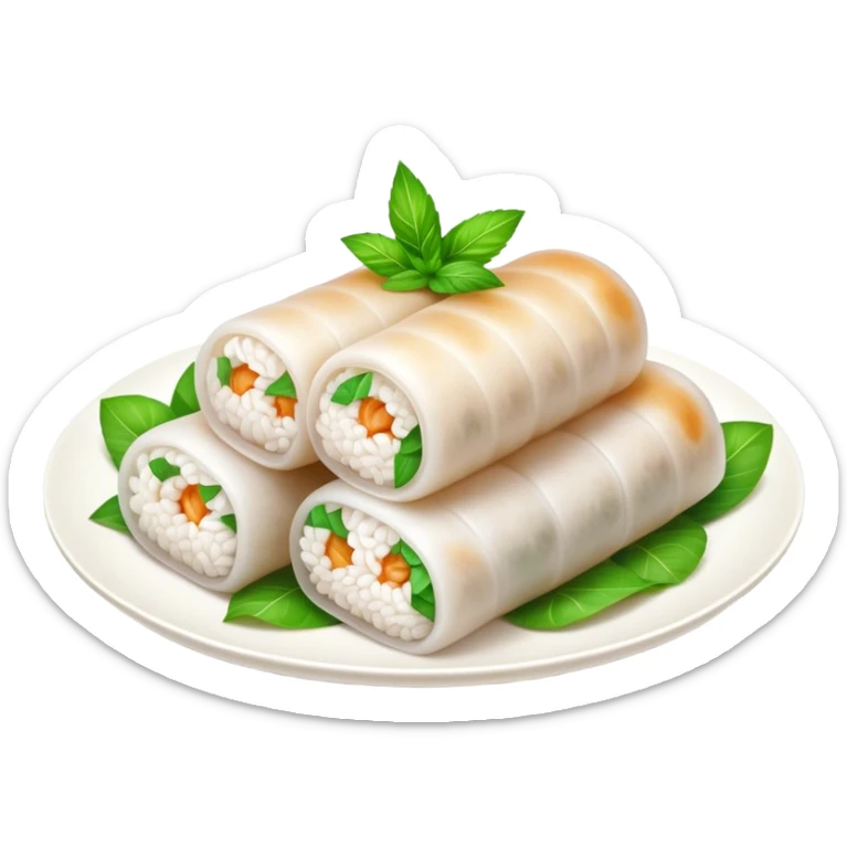 Bánh Cuốn Cinematic Realistic Bánh Cuốn Dish Emoji, depicted as delicate steamed rice rolls garnished with chopped mint on top, rendered with lifelike textures and fresh, vibrant lighting. sticker