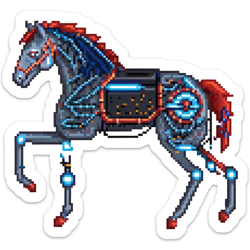 fast electric horse made of electricity, metal plates, bolts, visible blue and red wires, lightning coursing through its body, cybernetic sticker