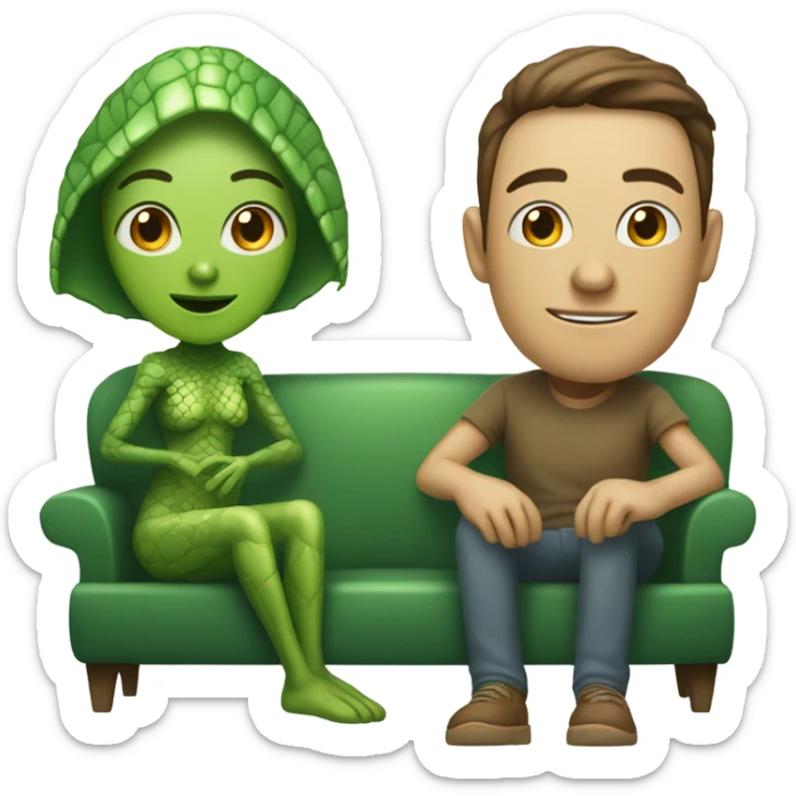 alien reptilian woman and humman man, sitting on a couch  sticker