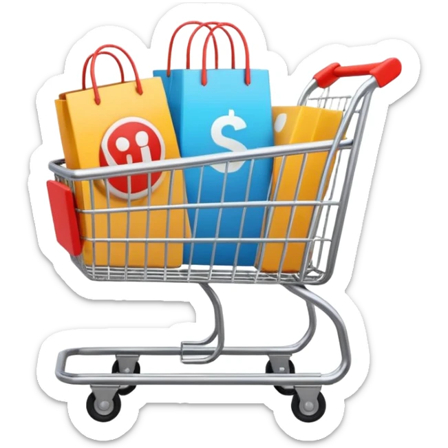 Digital shopping cart filled with online products, clean minimal UI design, smooth motion graphics animation, floating icons, modern style, dark background, cinematic lighting, seamless loop. sticker
