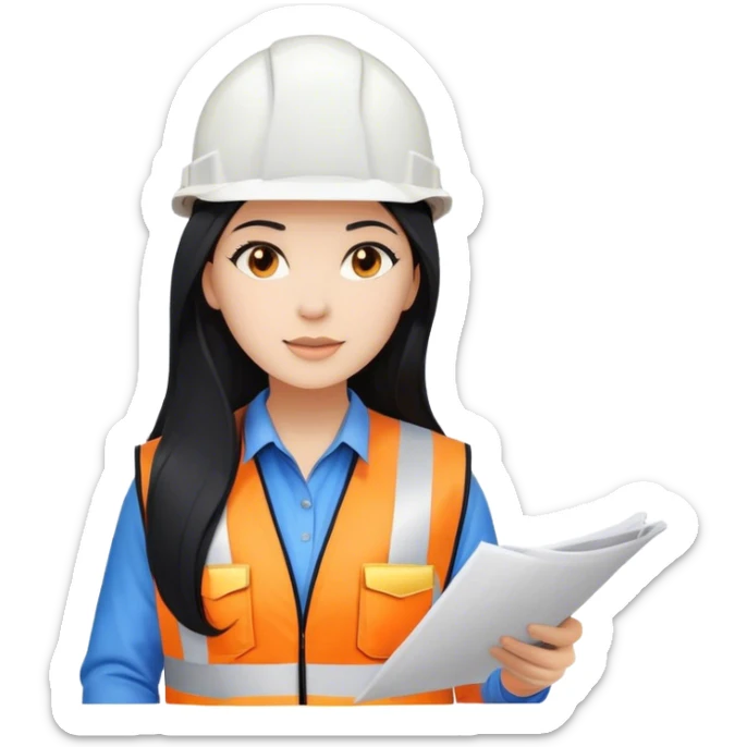 Female civil engineer with long black hair and white helmet wearing blue shirt and an orange safety vest looking at construction plan  sticker