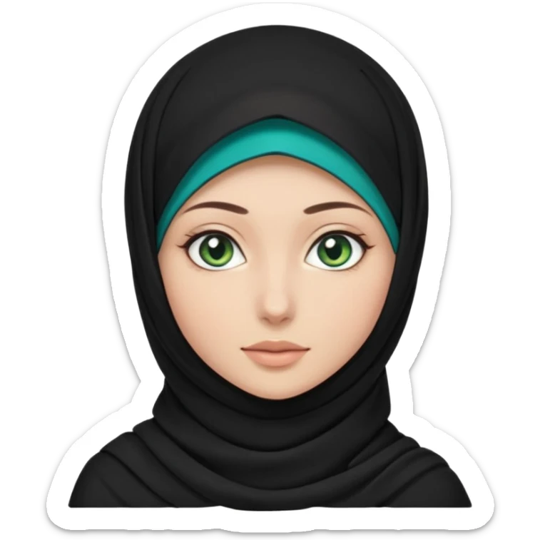 a girl wearing a black hijab and has green and blue eyes with another model of a hijab like a hijab but it's showing the neck Its neckfree sticker