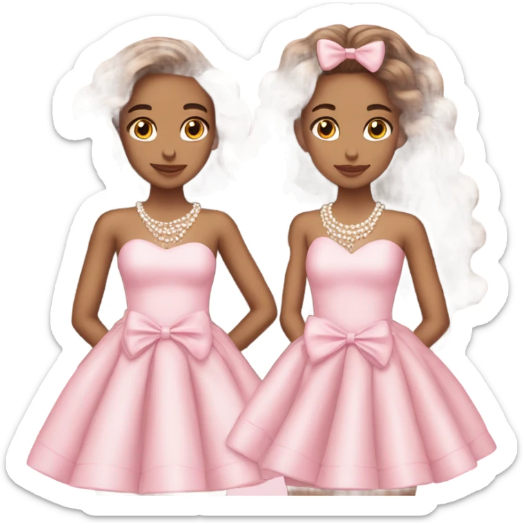 two teenage Latina twins. pink. Long hair. Pink bows. Pearls. Light pink. Diamonds dress. sticker