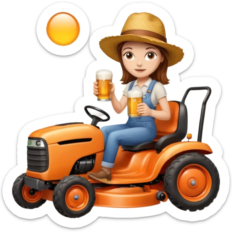 White woman with brown hair, without glasses wearing a straw hat, on old orange ride on lawn mower, holding a beer sticker