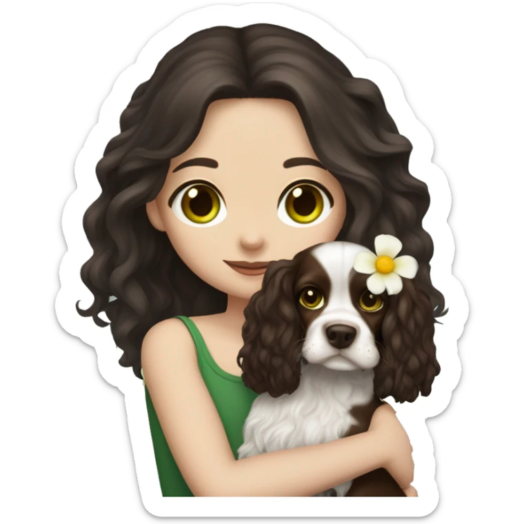 pale skin girl with green eyes with long dark brown hair that has a flower in her hair  holding a black and brown cavalier dog the dog also has a flower in its hair sticker