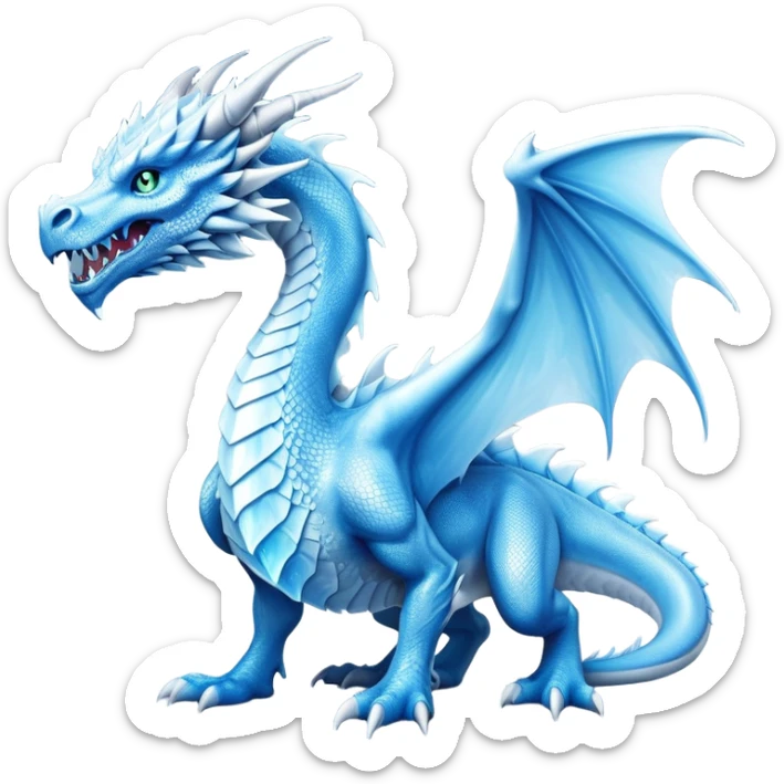 Cinematic Noble beautiful  Ice Dragon full body Emoji, Poised and imposing, distinct long elegant snout, with a slender, scaled body shimmering in glacial hues of icy blue, frostbitten silver, and crystalline white, breathing out frost, with piercing, glowing eyes that radiate the chilling depths of an arctic storm; rendered in detail. displaying its wings sticker