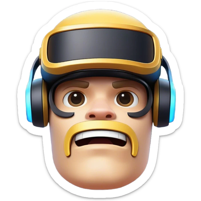Clash of Clans aesthetic: Cinematic Playful PlayStation VR Headset Portrait Emoji, rendered in a 3D vector-style similar to standard emojis with minimal shading and bold, simplified shapes. A compact, distinct form with signature details, softly glowing with a cutting-edge console technology charm. Simplified yet unmistakably iconic, highly detailed and consistent, glowing with a soft radiance and high shine. Stylized with a touch of technological advancement and a soft glowing outline, capturing the essence of a beloved gaming relic with a friendly, playful manner! sticker