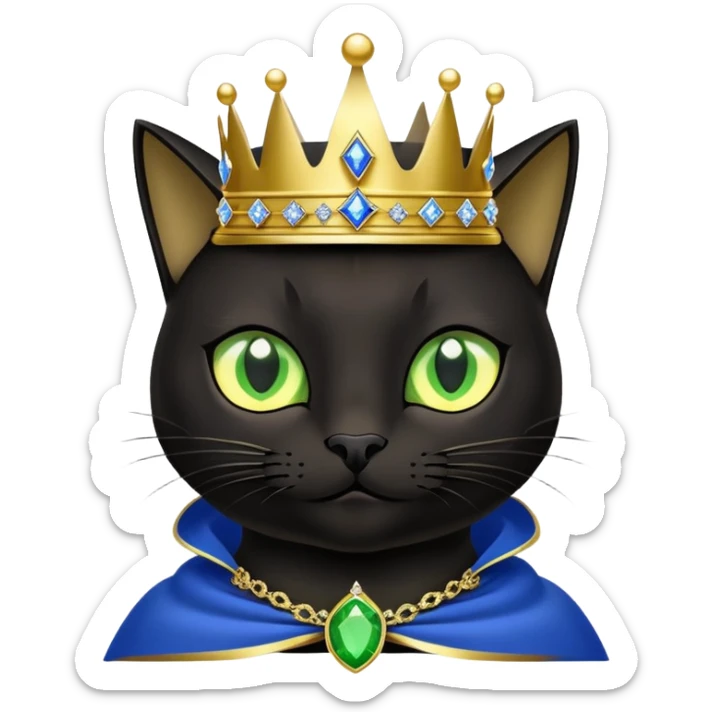 black cat with brilliant neon green eyes wearing a royal blue cape trimmed in gold and a crown with jewels sticker