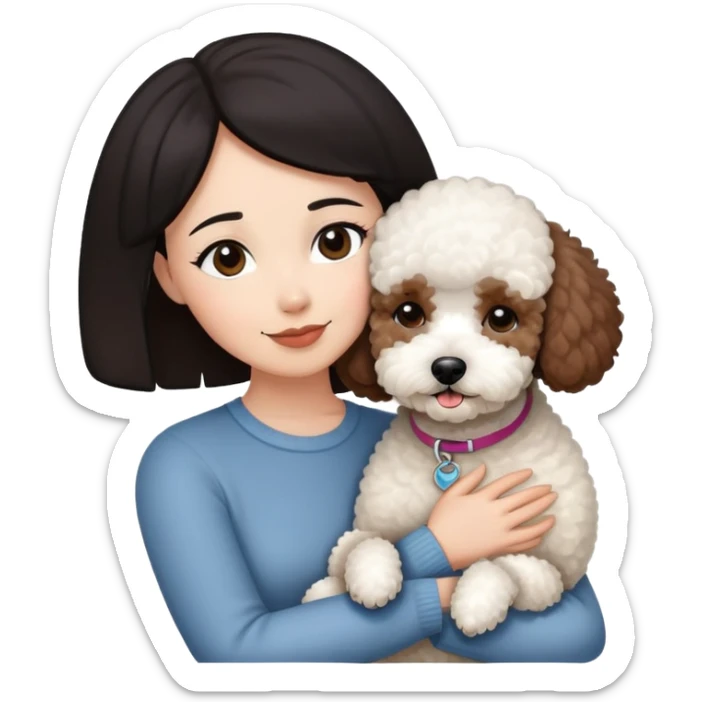 Woman with short black straight hair hugging a brown poodle and a white bichon frise sticker
