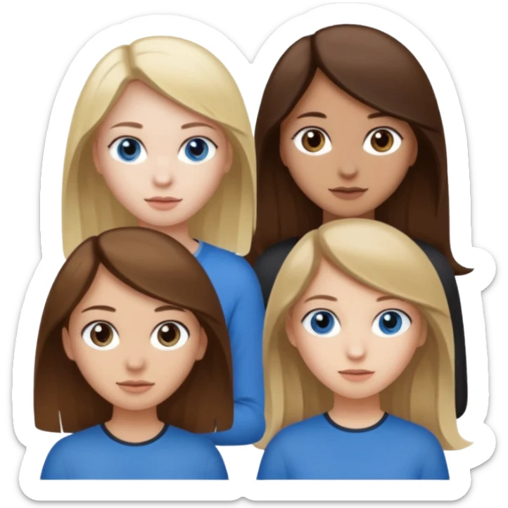 a group of 3 people where two are in the back one in the front -
1. Girl has white skin, brown hair, brown eyes
2. Girl has white skin, dirty blonde hair, blue eyes
3. Girl has tan skin, dark brown hair, dark brown eyes sticker
