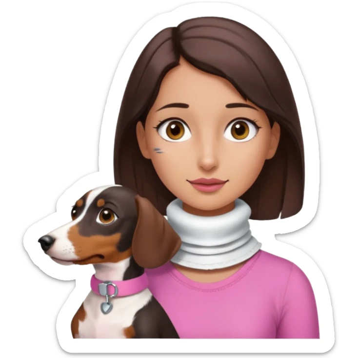 a brunette girl, olive skin, hazel eyes, pink top, neck brace on her neck because she’s injured , piebald dachshund next to her only brown and white sticker