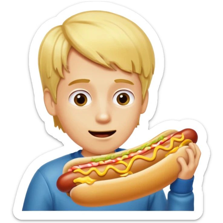 A boy taking a huge bite of a hot dog loaded with mustard and relish.





















 sticker