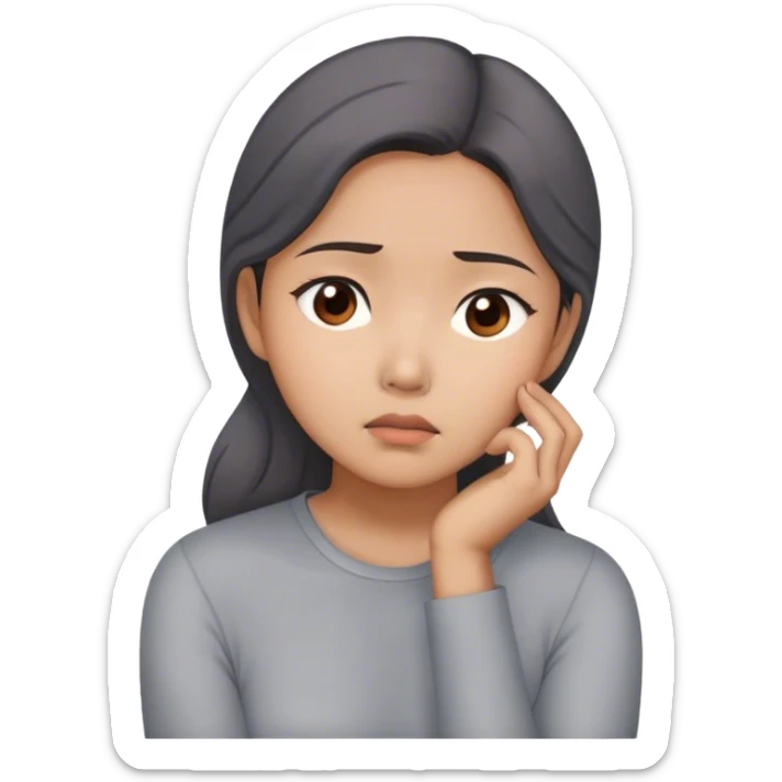 Asian woman wearing gray blouse feeling worried while resting her chin on her right hand sticker