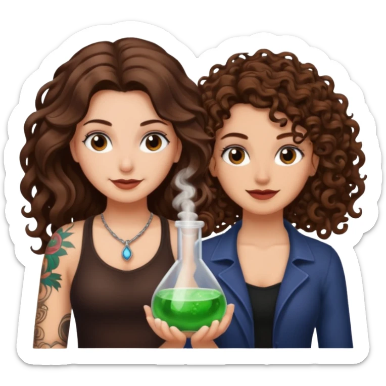 hiding potion — long wavy brown hair tattooed woman and short tight curly brown hair woman — guilty smile sticker