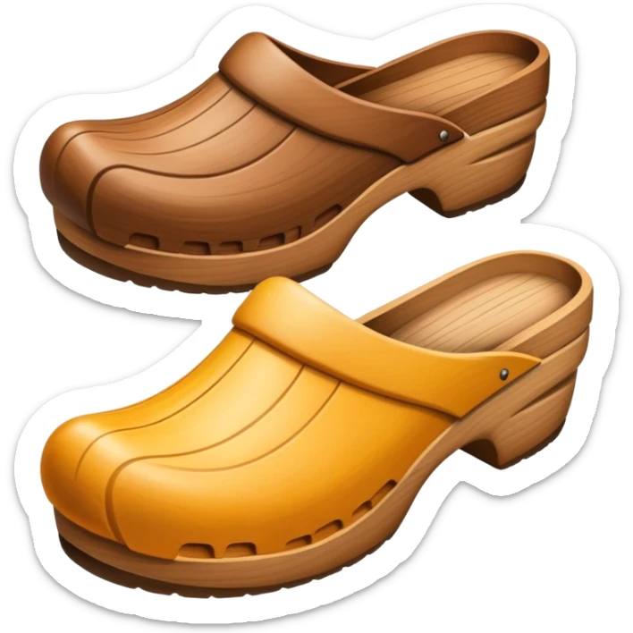 Cinematic Realistic Wooden Clogs Emoji, depicting the classic handcrafted footwear with a smooth, curved design and sturdy wooden soles, rendered with rich textures and warm, natural lighting. sticker