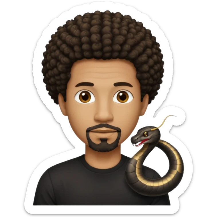 Homme noir, yeux marron avec un bouc sans la moustache, cheveux court et bouclé crépus avec un dégradé sur le côté, avec un cobra à côté , t-shirt noir  sticker