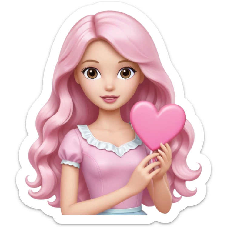 White Barbie girl with long wavy dark brown hair holding pale pink heart  sticker