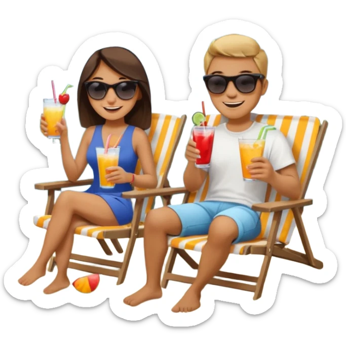 Use this image to design the faces of a young man and woman sitting in beach chairs talking with drinks in their hands on a lake dock  sticker