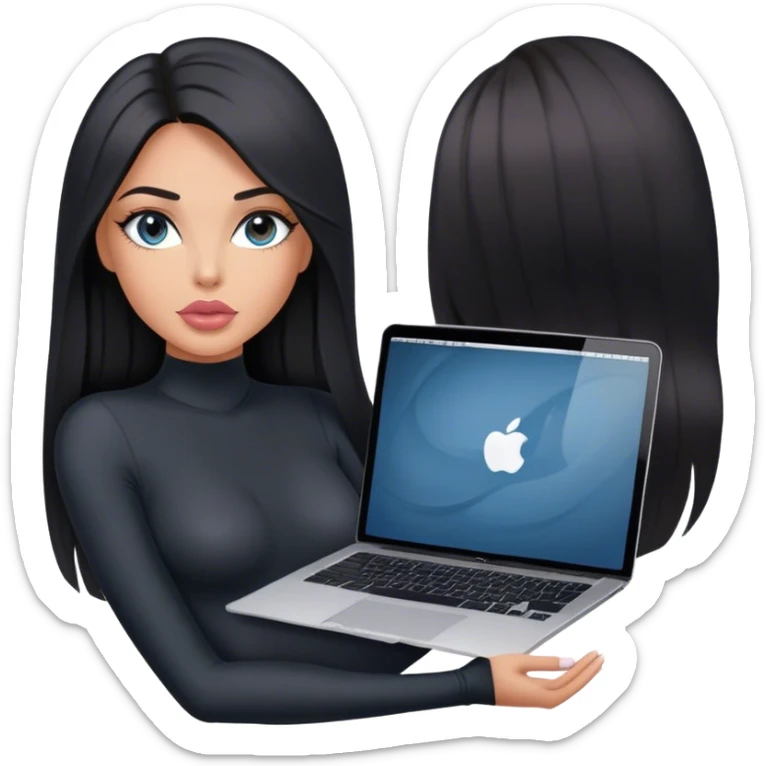 Glamours, tanned, very beautiful girl, with big pump peach-beige-rose lips, black straight smooth silky long hair, straight parting, blue-grey eyes, in black bodysuit holding MacBook sticker