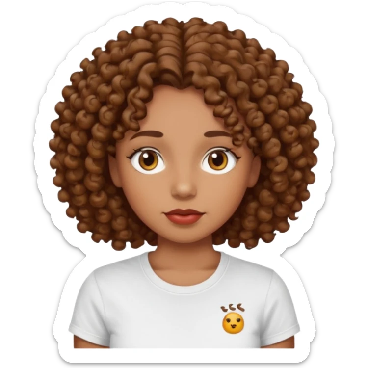 
professional, curly brown lady with hazel eyes, a little dot on the top of the left lip, a normal t shirst sticker
