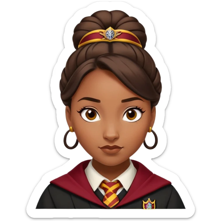 Tiana Benjamin is Angelina Johnson in harry potter, wear hogwarts gryfindor uniform,  thick, brown 1 knot bun hair , reflecting her bold, stylish, and strong personality sticker