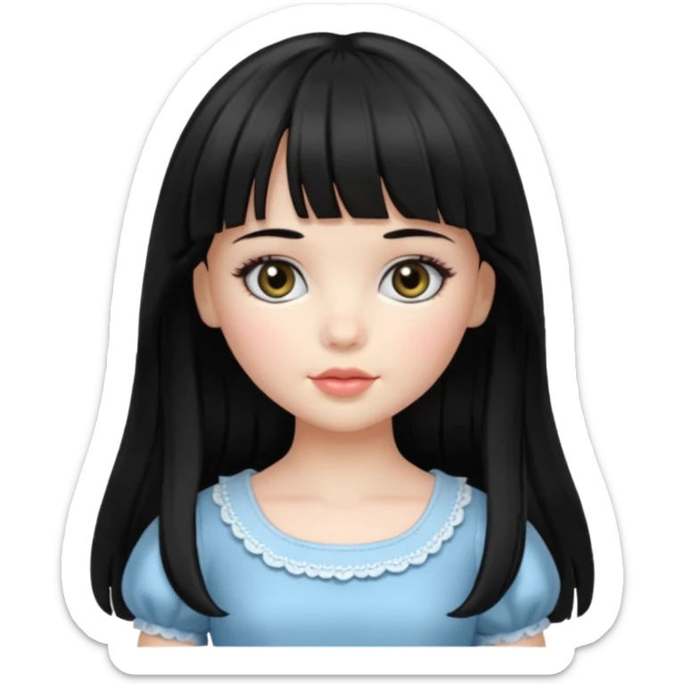 Doll girll, black hair with bangs, slightly wavy, very long hair,long eyelashes, black eyes. sticker