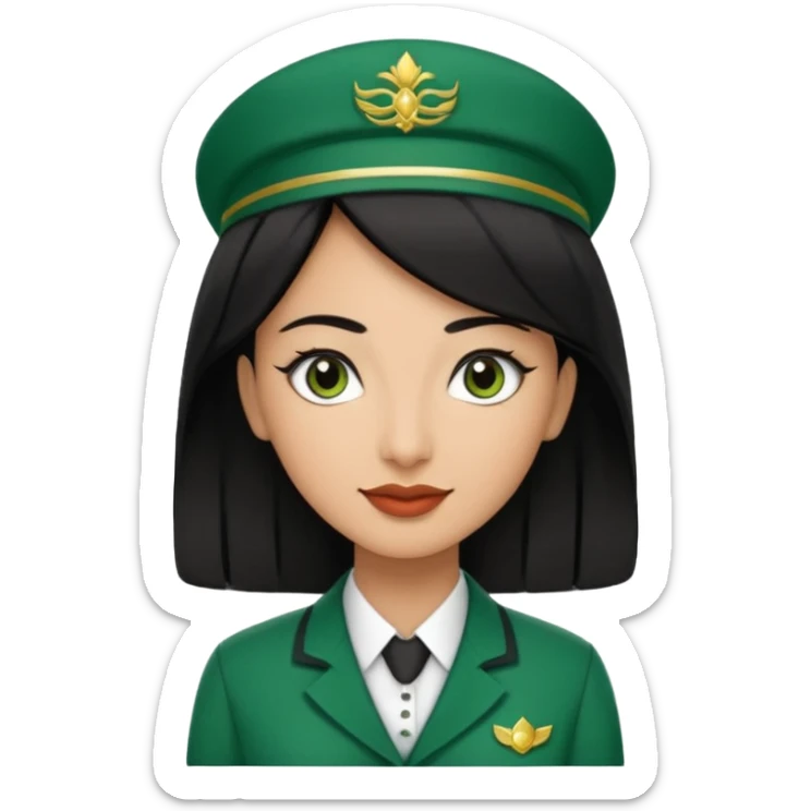 Lady hotel butler with green uniform black hair and just a lite bit brown skin and Arabic face sticker