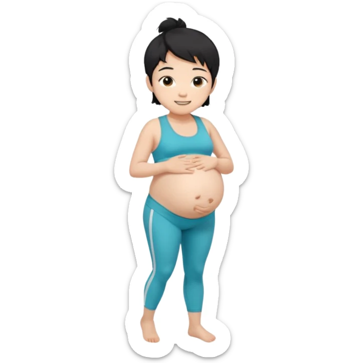 pregnant asian boy with short messy black hair wearing a sports bra with leggings holding his belly sticker