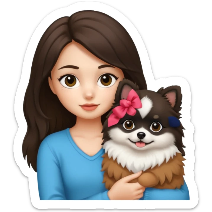 A brunette girl holding a Pomeranian dog who has black face but in the middle it’s white line sticker