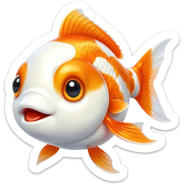 Cinematic Cute Orange and White Goldfish Portrait Emoji, Head tilted playfully and inquisitively, featuring a glossy, vibrant body adorned with a striking mix of orange and white, round, sparkling golden eyes filled with curiosity, Simplified yet irresistibly adorable features, highly detailed, glowing with a warm, friendly glow, high shine, affectionate and lively, stylized with a touch of whimsy, bright and endearing, soft glowing outline, capturing the essence of a mischievous yet loving goldfish, so playful it feels like it could swim out of the screen and into your heart! sticker