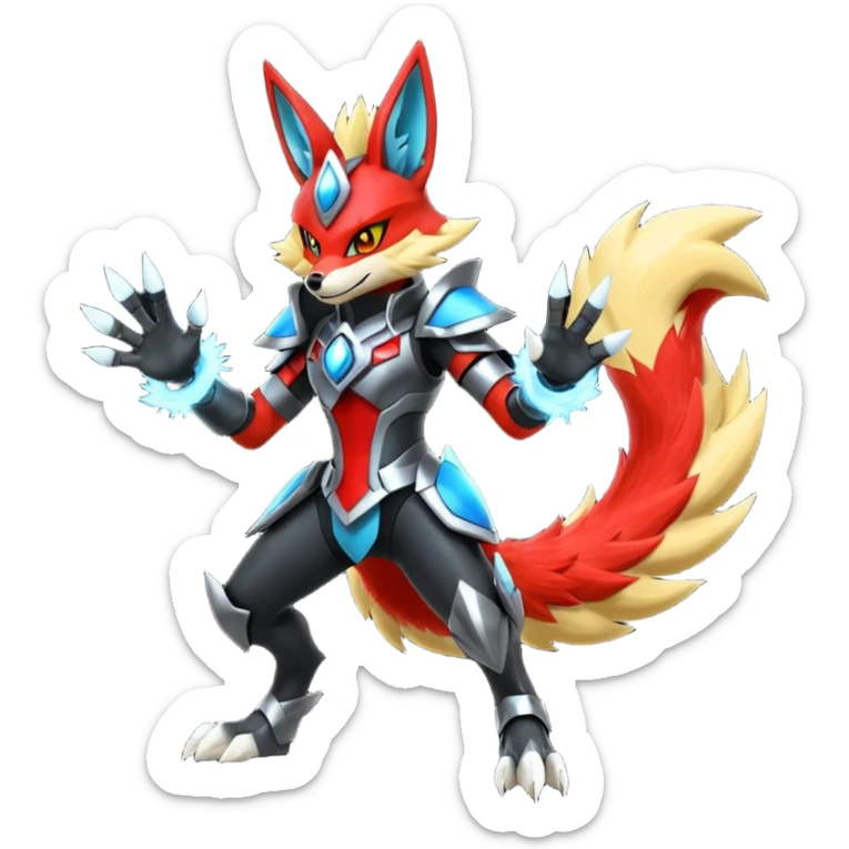 Edgy futuristic Delphox-Zeraora-Lucario-fusion sticker