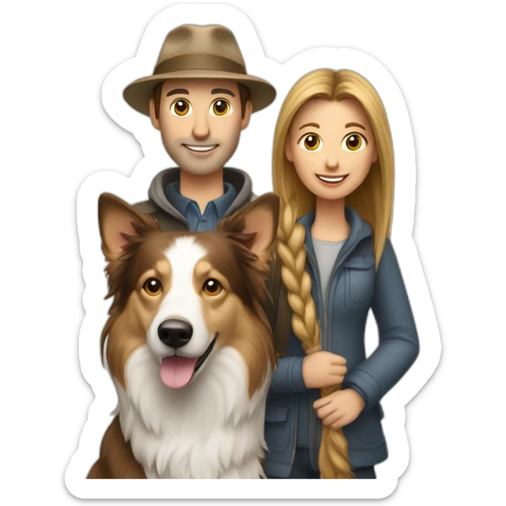 white family group consisting of man in hat and woman with long hair in ponytail and small birder collie dog sticker