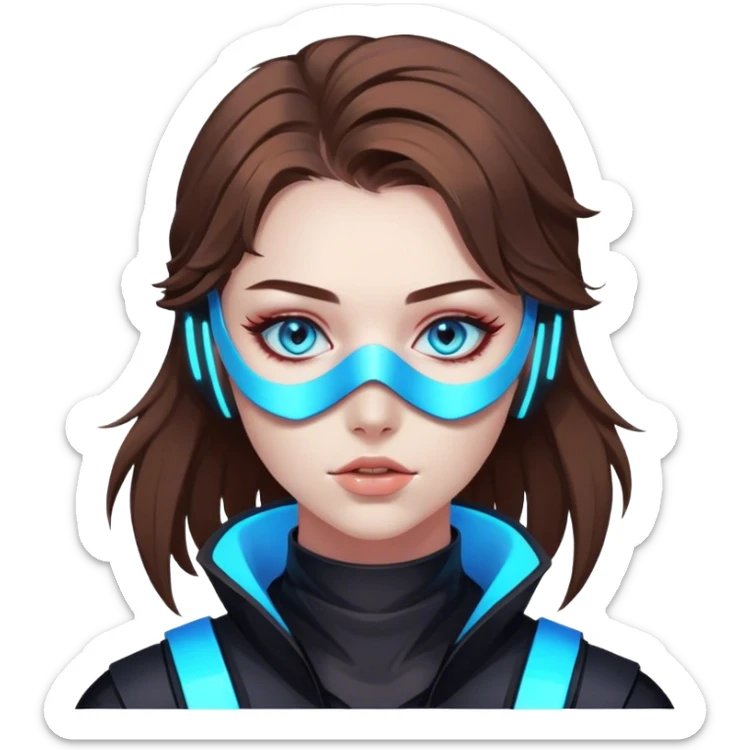 neon cyberpunk style 
girl with brown hair and blue eyes wearing a mask sticker