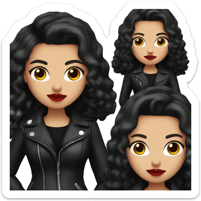 White girl, with long curly black hair, with red lipstick, black winged eyeliner, wearing black shirt and black leather jacket shrugging her shoulders sticker