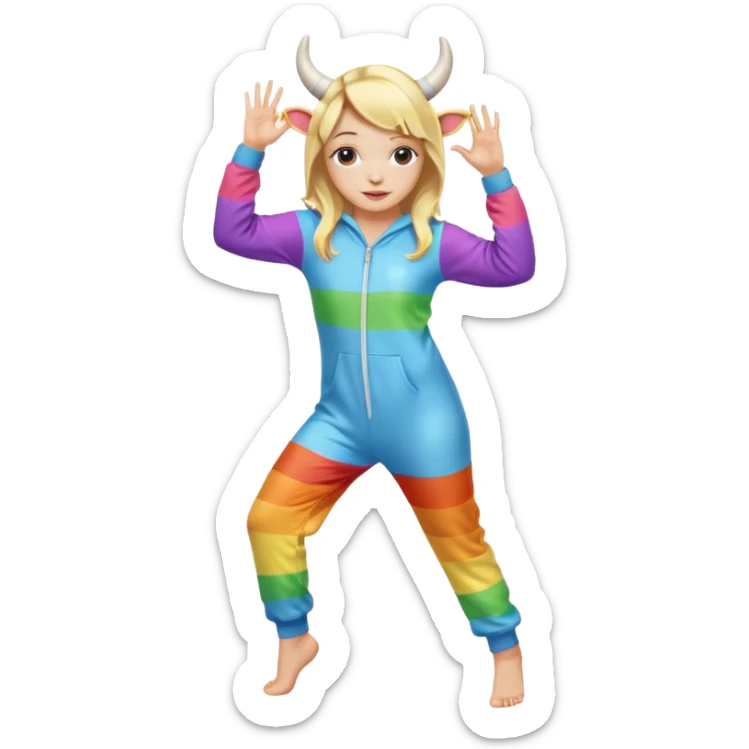 Cute blonde girl dancing legs in a rainbow onesie with cow horns  sticker