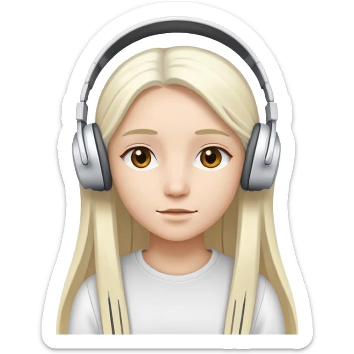 A girl has long straight white gold hair and wears white headphones sticker