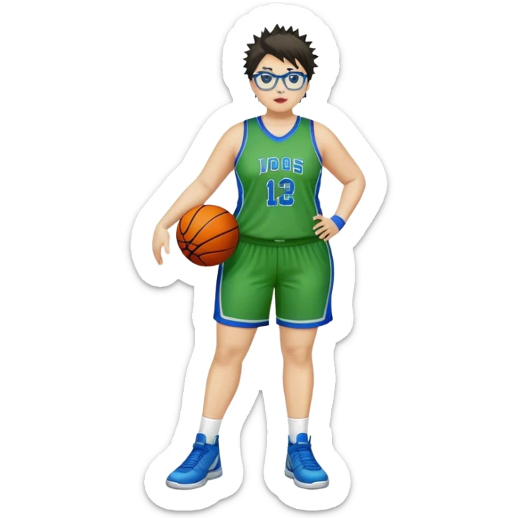 full body white plus size women basketball player with short spiky dark hair with added blond highlights wearing blue glasses wearing green and blue uniform sticker