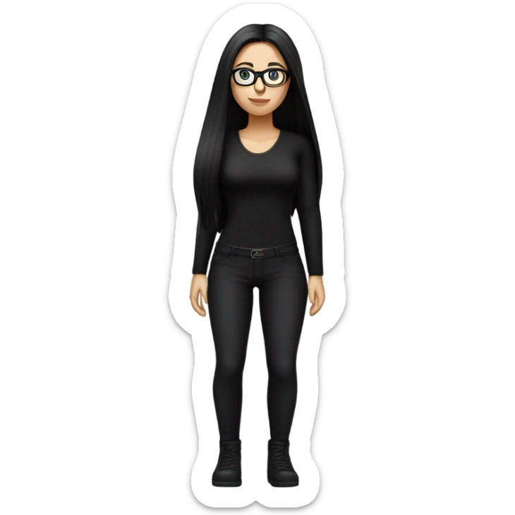 White girl with long straight black hair wearing a black bodysuit and glasses full body sticker
