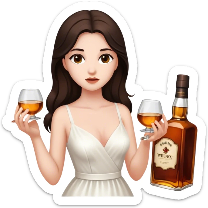 Beautiful woman in 1950’s woman fashion look, white dress, long dark brown hair, whisky with ice sticker