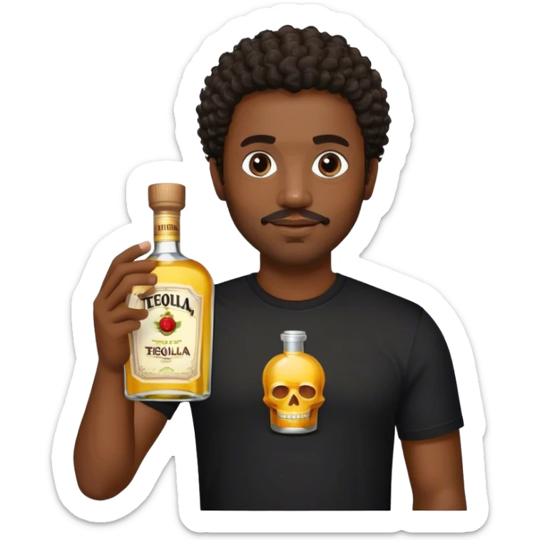 dark black guy, short curly hair, facial hair, holding tequila, black shirt  sticker