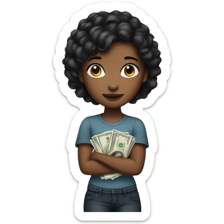 Girl with brown skin and black hair holding a dollar sticker