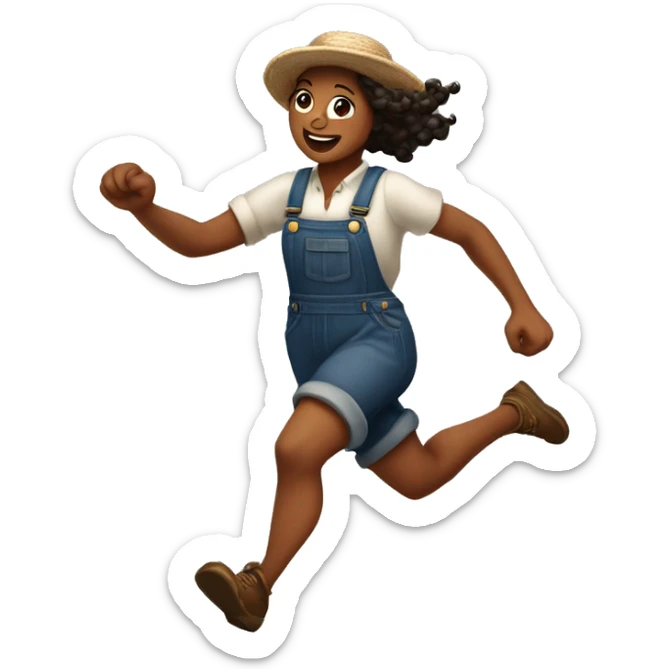 huckleberry Finn goddess sprinting, in overalls, with a large stride and arms outstretched sticker