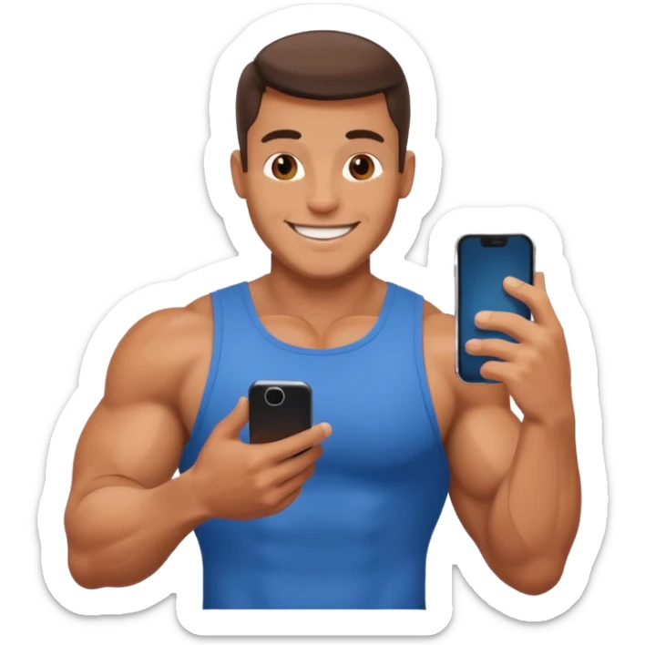 Mec musclé avec un téléphone dans les mains qui navigue sur so téléphone qui sourit sticker