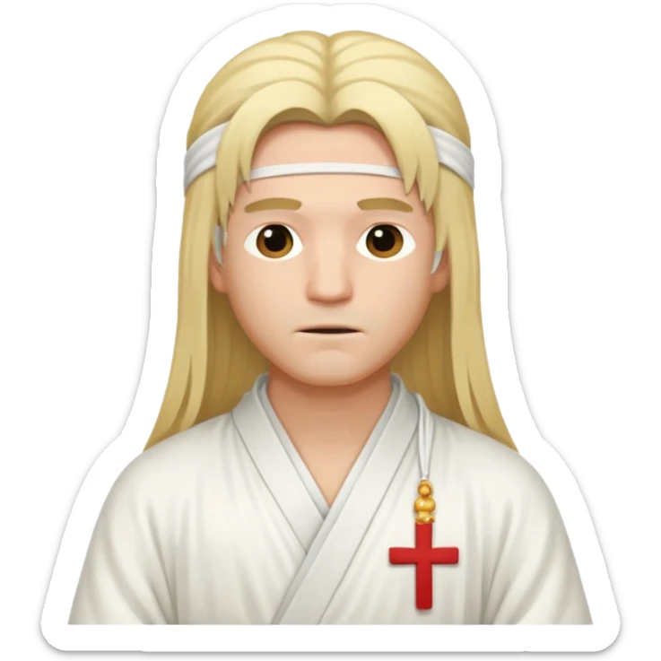A man with long blond hair in white Chinese robes with bandages on his neck. sticker