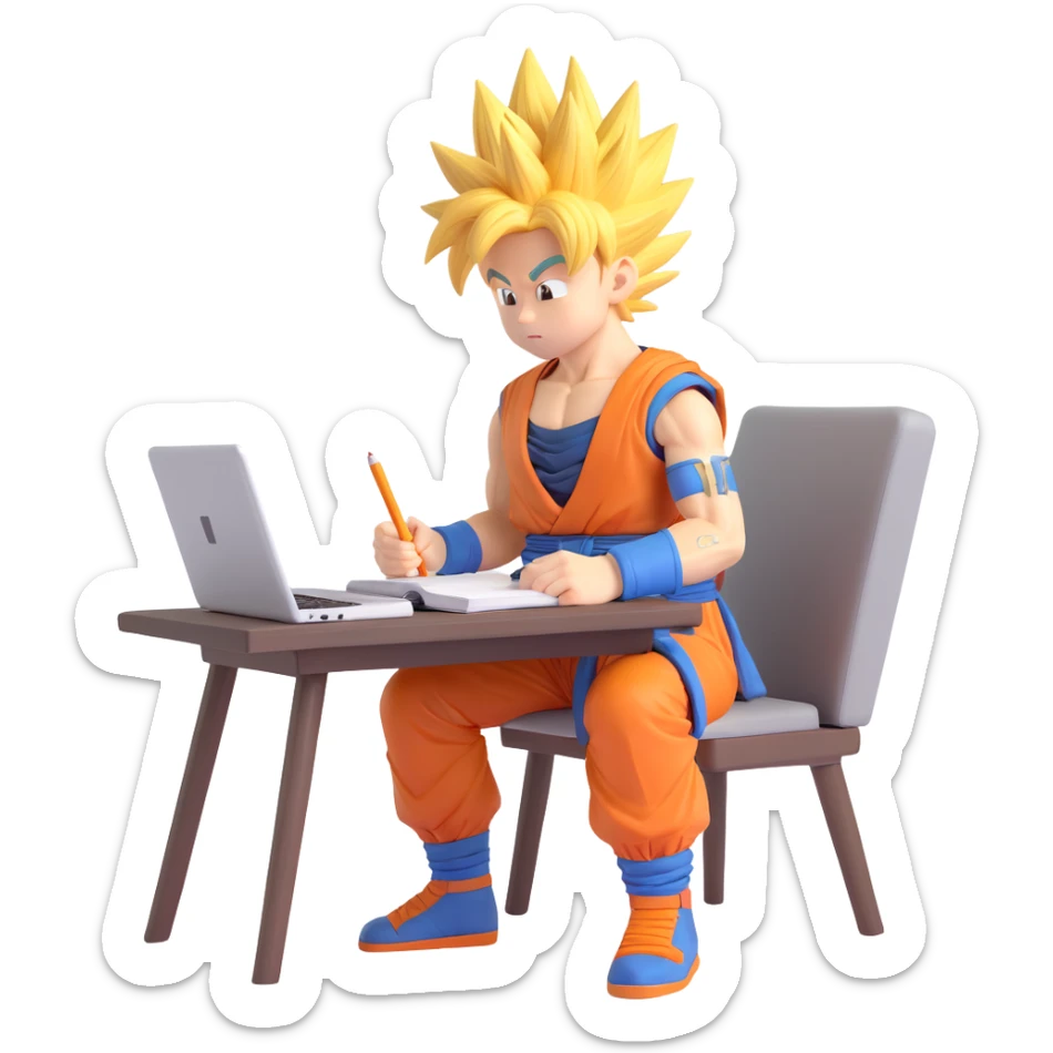 Goku as a student, sitting at a desk, studying, with spiky hair, 3D style sticker